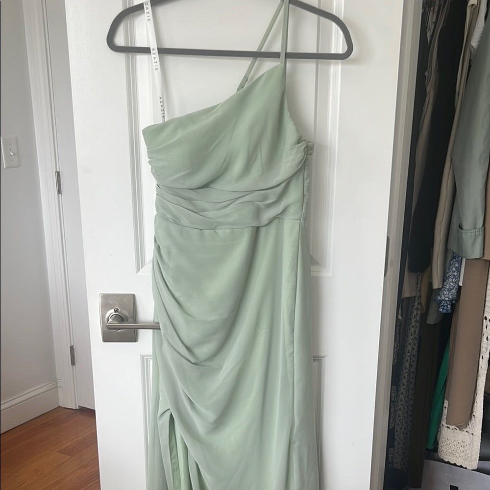 Azazie Green Asymmetrical Ruched Gown